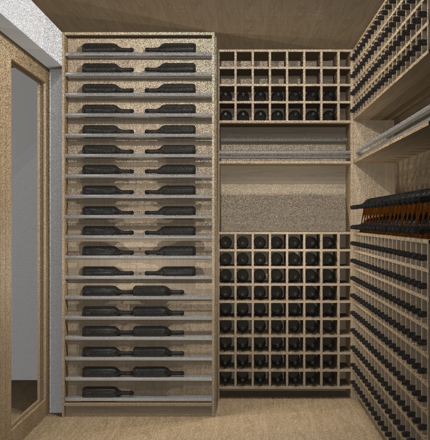 Render 3D de adega com prateleiras inclinadas e nichos quadrados