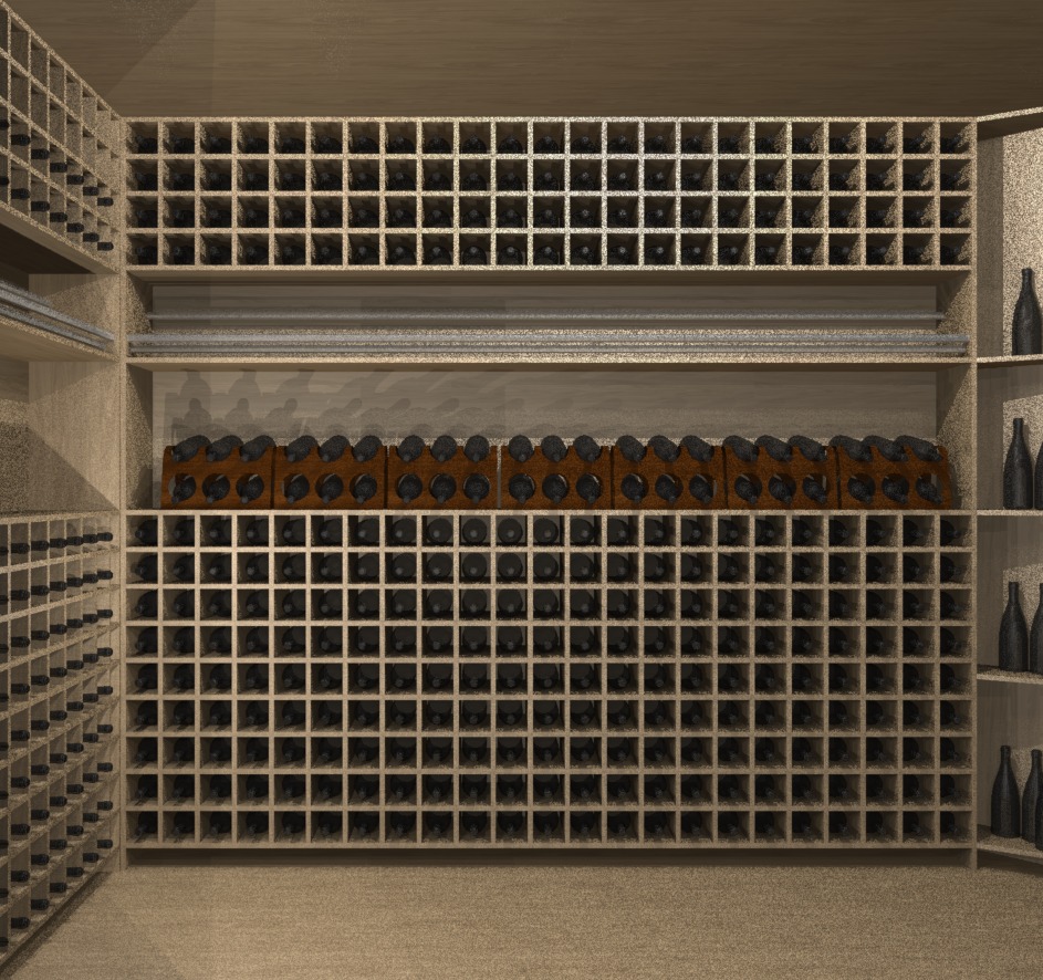 Render 3D de cave com nichos quadrados e prateleiras