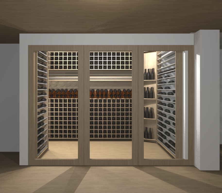 Render 3D de adega com portas de vidro frontal