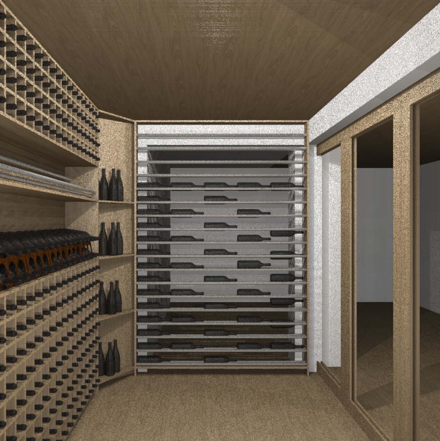 Render 3D interior de cave com prateleiras para garrafas
