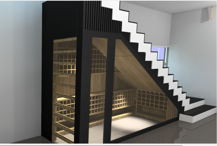 Render 3D de adega sob escada com estrutura preta
